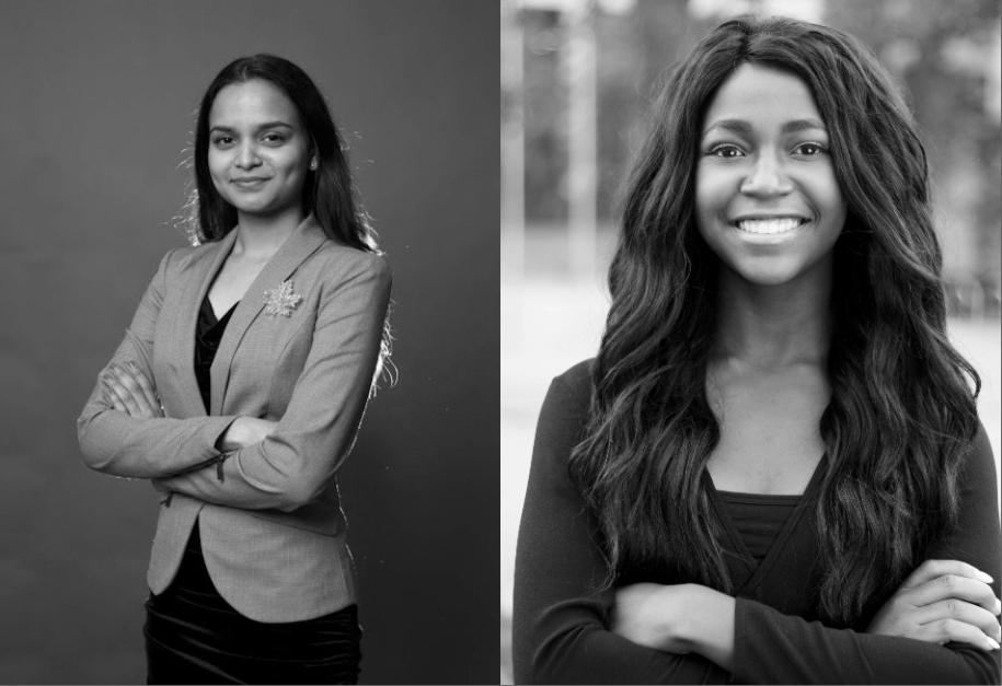 Black and white professional portrait of Gunjan on left and Abigail on right.